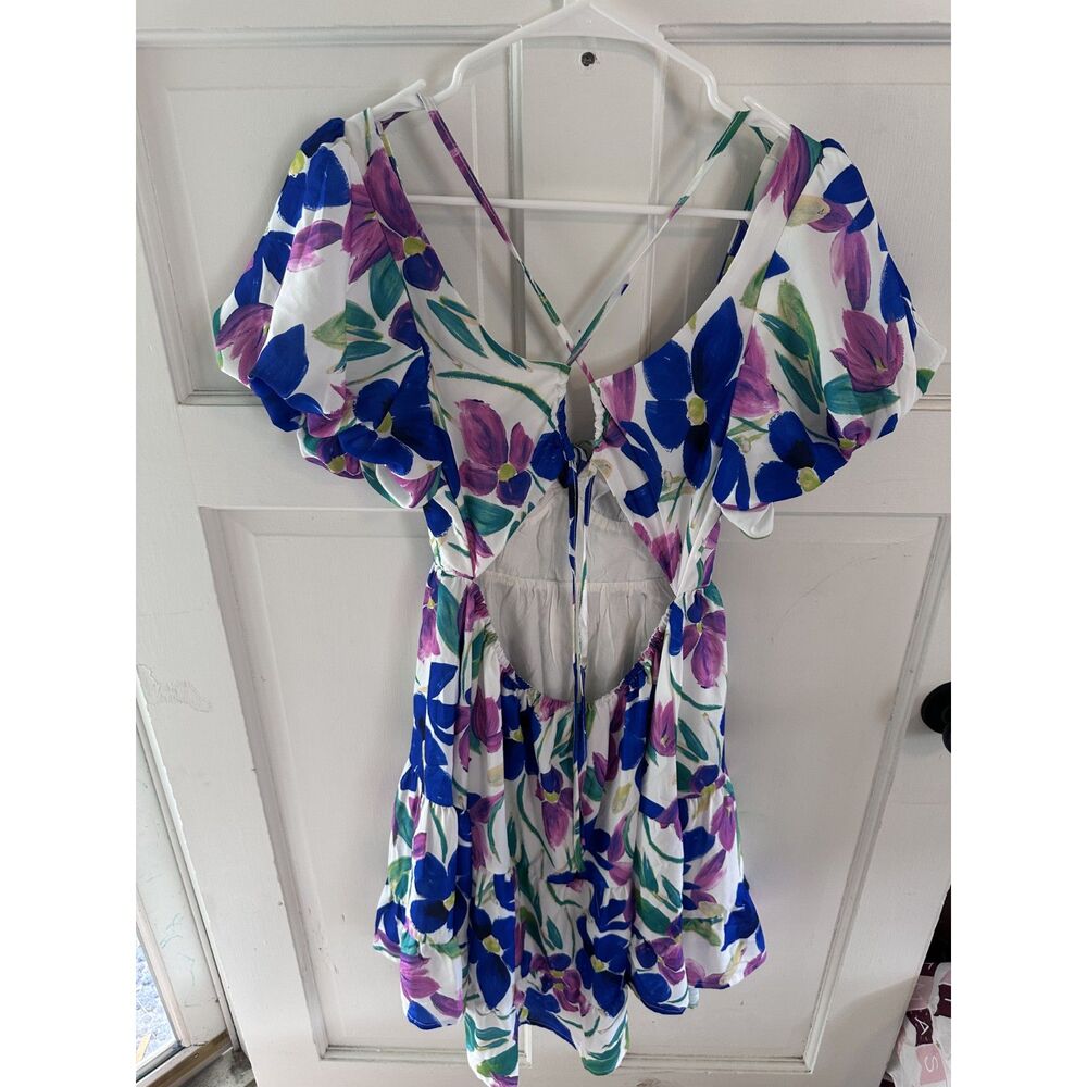 Princess Polly Floral Mini Dress Size 8 Blue Purple Cutout Puff Sleeve Open Back